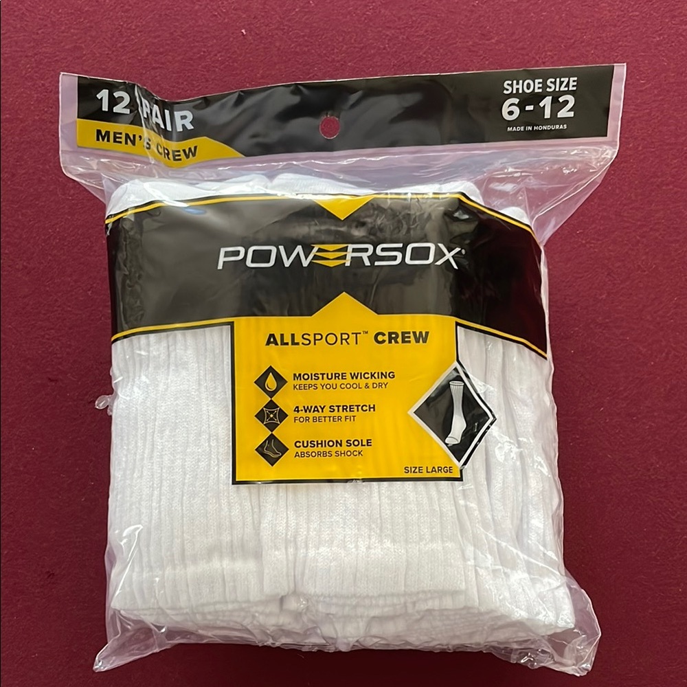 Powersox Men's Crew Socks White (1) 12 Pack NWT